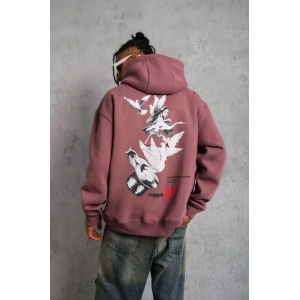 Erkek Şapkalı Güvercin Baskılı Kapşonlu Sweat - Gül Kurusu