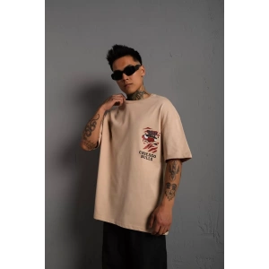 Erkek Sırt Baskılı A Kalite Oversize T-shirt - Bej