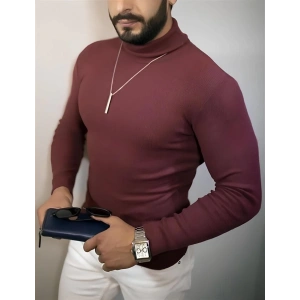 Erkek Tam Boğazlı Fitilli Kaşkorse Triko – Likralı, Extra Dar Kesim Slimfit, Yumuşak Kaşmir Dokulu Model - Bordo