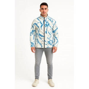 Erkek Tam Fermuarlı Desenli Polar Sweat Lightning Desen Yakalı, Uzun Kollu, Oversize Rahat Kalıp - Beyaz