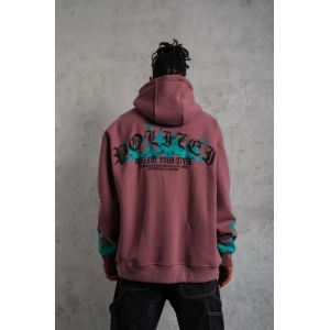 Erkek Üç İplik içi Pamuklu Alev Baskılı Kapüşonlu Sweatshirt - Gül Kurusu