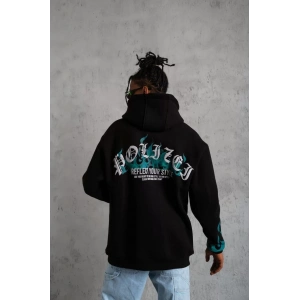 Erkek Üç İplik İçi Pamuklu Alev Baskılı Kapüşonlu Sweatshirt - Siyah