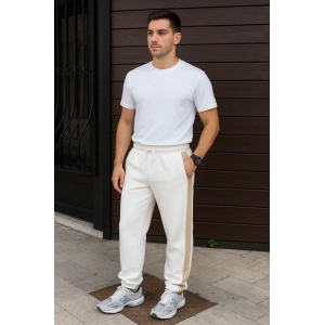 Erkek Üç İplik Kışlık Pamuklu Yandan Garneli Kalın Bej Şeritli Cepli Eşofman Altı - Beyaz