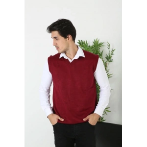 Erkek V Yaka Kolsuz Süveter Triko Kazak yumuşak dokulu Pamuklu ince Dokuma Rahat Regular kalıp - Bordo