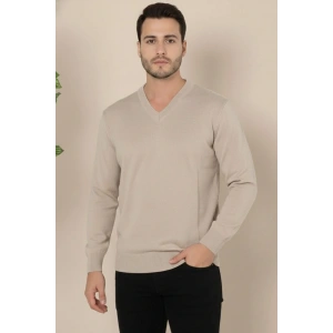 Erkek V Yaka Triko Kazak yumuşak dokulu Pamuklu ince Dokuma, uzun kollu Rahat Regular kalıp - Bej