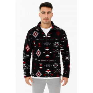Erkek Yarım Fermuarlı Desenli Polar Sweat Tribal Etnik Desen Yakalı, Uzun Kollu, Oversize Rahat Kalıp, - Siyah