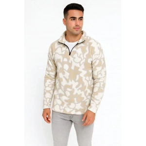 Erkek Yarım Fermuarlı Desenli Polar Sweat Yakalı, Uzun Kollu, Oversize Rahat Kalıp - Bej