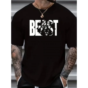 Eşsiz Baskı Tasarımlı Şık Büyük Beden Erkek Tişörtü - Rahat Polyester, Makinede Yıkanabilir, Yuvarlak Yaka - Her Mevsim İçin Mükemmel - Siyah