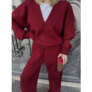 Geniş V Yaka Üç İplik Sweat Takım - Bordo