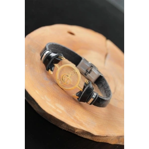 Gold Renk Metal Sol Anahtarlı Tasarım Siyah Renk Deri Erkek Bileklik