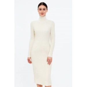 Kadın Boğazlı Triko Elbise – Uzun Fitilli Esnek Dokuma, Tam Kalıp, Kışlık & Baharlık Şık Rahat Stil, 130 cm Midi Boy Elbise - Beyaz