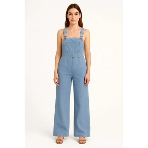 Kadın Chambray Açık Mavi Denim Görünümlü Geniş Paça Salopet Tulum - Mavi