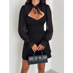 Kadın Göğsü Bağlamalı Kalp Yaka Kolları Şifon Mini Elbise - Siyah
