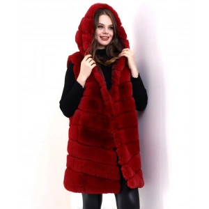 Kadın Kapşonlu Peluş Kürk Yelek Premium Kalite, Tam Astarlı, Uzun Model - Kırmızı