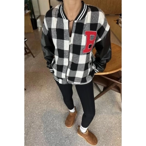 Kadın Pötikare Desen Harf Nakışlı Kolej Ceket - Siyah