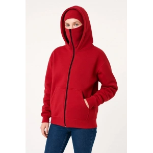 Kadın Samuray Ninja Çift Kapüşonlu Maske Detaylı Fermuarlı Kanguru Cepli Hoodie - Kırmızı