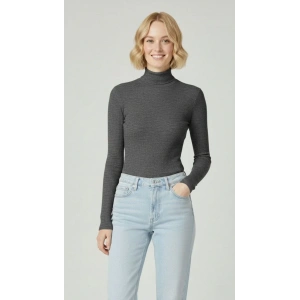 Kadın Tam Boğazlı Fitilli Likrali Kaşkorse Badi İnce Uzun Kollu Kazak - Antrasit