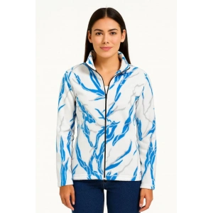 Kadın Tam Fermuarlı Desenli Polar Sweat Lightning Desen Yakalı, Uzun Kollu, Oversize Rahat Kalıp - Beyaz