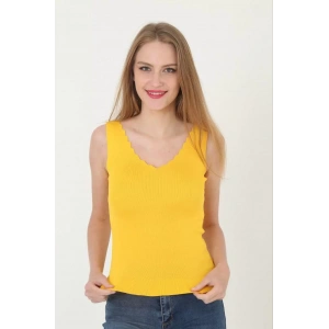 Kadın V Yaka Fırfır Detay Crop - Sarı