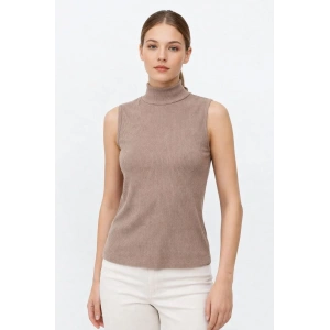 Kadın Yarım Balıkçı Yaka Fitilli Kaşkorse Atlet Basic Şık Bluz Badi - Bej