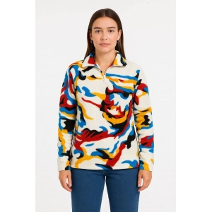 Kadın Yarım Fermuarlı Desenli Polar Sweat – Renkli Abstract Desen Yakalı, Uzun Kollu, Oversize Rahat Kalıp - Beyaz