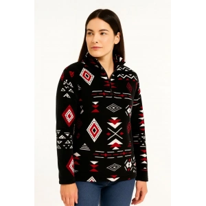 Kadın Yarım Fermuarlı Desenli Polar Sweat Tribal Etnik Desen Yakalı, Uzun Kollu, Oversize Rahat Kalıp - Siyah