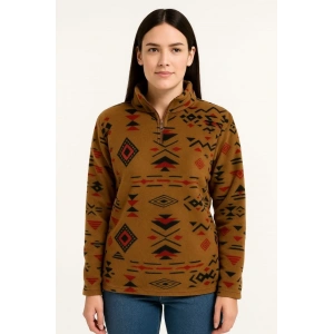 Kadın Yarım Fermuarlı Desenli Polar Sweat Tribal Etnik Desen Yakalı, Uzun Kollu, Oversize Rahat Kalıp - Kahverengi