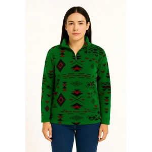 Kadın Yarım Fermuarlı Desenli Polar Sweat Tribal Etnik Desen Yakalı, Uzun Kollu, Oversize Rahat Kalıp - Yeşil