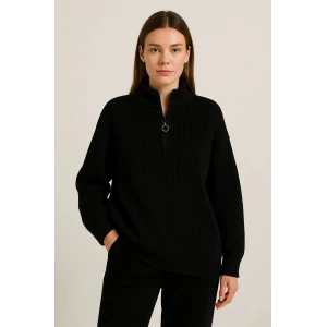 KADIN Yarım Fermuarlı Triko Kazak – Selanik Örgü, Dik Yaka, Pamuklu Dokuma, Oversize Uzun Kollu Kışlık Model - Siyah