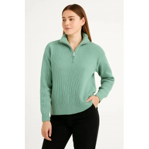 KADIN Yarım Fermuarlı Triko Kazak – Selanik Örgü, Dik Yaka, Pamuklu Dokuma, Oversize Uzun Kollu Kışlık Model - Mint Yeşili