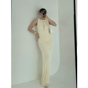 Kalın Fitilli Uzun Triko Elbise - Kırık Beyaz