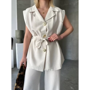 Keten Sıfır Kol Kuşaklı Ceket Pantolon ikili Takım - Beyaz