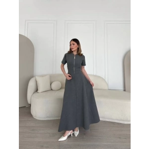 Kısa Kollu Önden Fermuarlı Çan Etekli Uzun Elbise - Antrasit