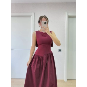 Krep Arkası Kanat Arka Ön Pens Detaylı Uzun Kadın Elbise - Bordo