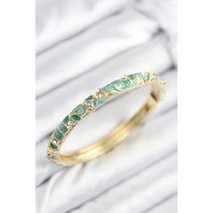 Mineli Pirinç Zirkon Taşlı Zümrüt Yeşili Çiçek Motifli Gold Kadın Kelepçe