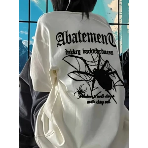 Örümcek Ağı Desenli Baskılı Oversize Bisiklet Yaka T-shirt  - Beyaz
