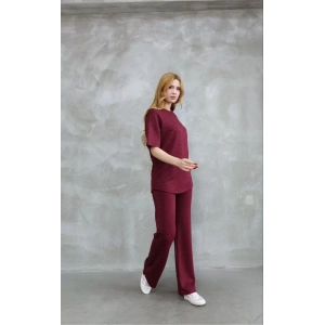 Osy Modal Yumuşak dokulu Kumaş Bisiklet Yaka Taş detaylı Kısa Kollu Takım - Bordo