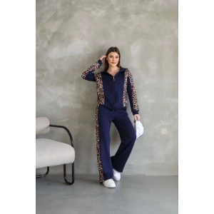 Osy Modal Yumuşak Dokulu Kumaş Kapüşonlu Leopar Desenli Fermuarlı Takım - Lacivert