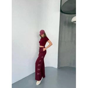 Osy Modal Yumuşak Dokulu Kumaş Nakış işlemeli Rahat Bol Paça Eşofman Pantalon - Bordo