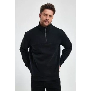 Oversize Yarım Farmuarlı Yakalı Basic SweatShirt - Siyah