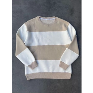 Parçalı Bisiklet Yaka Baskılı SweatShirt - Bej