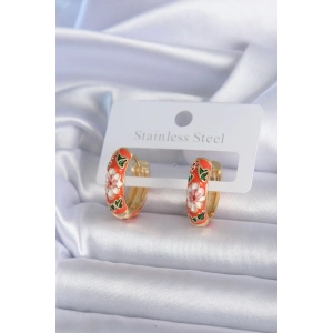 Pirinç Gold Renk Çiçek İşleme Turuncu Kadın Küpe