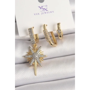 Pirinç Gold Renk Sallantı Zirkon Taşlı Kutup Yıldız Model 3Lü Kadın Kombin Küpe