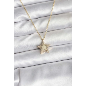 Pirinç Gold Renk Zincirli Yıldızlı Model Kadın Kolye