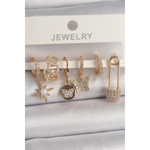 Pirinç Gold Renk Zirkon Sallantı Zirkon Taşlı İnci Detay Kelebek Figür Kadın Küpe Seti