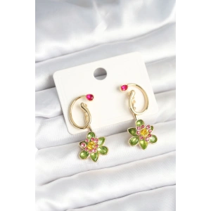 Pirinç Gold Renk Zirkon Taşlı Çiçek Model Kadın Küpe