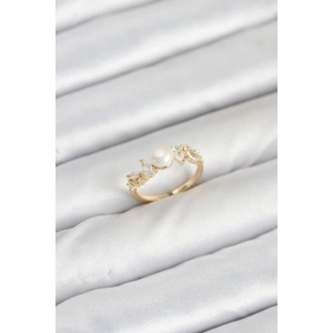 Pirinç Gold Renk Zirkon Taşlı İncili Model Kadın Yüzük