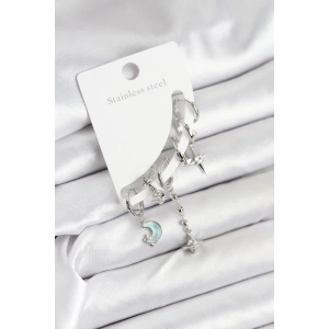 Pirinç Gümüş Renk Ay Model Kadın Set Küpe