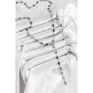 Pirinç Gümüş Renk Karışık Renk Zirkon Taşlı Kalpli Y Kadın Kolye