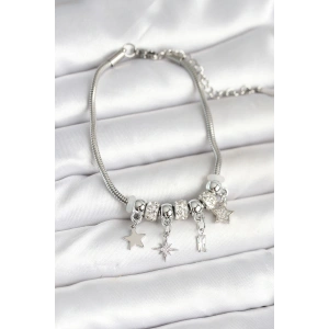 Pirinç Gümüş Renk Kutup Yıldızı Charmlı Kadın Bileklik